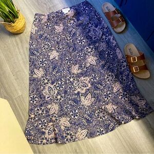 VINTAGE Blue Beige Paisley Floral Leaf  A-Line Midi Tulip Skirt Size M/L 10